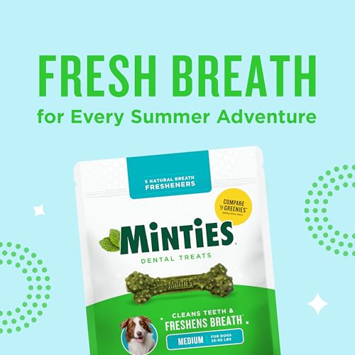 Minties Mint Dental Chews for Dogs, Medium Breeds 25-50 lbs, 40 Ct | Vet-recommended mint dental bone; scrubs teeth as dogs chew; fights plaque, tartar & bad breath; no soy/wheat/corn