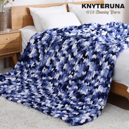 Knyteruna Chunky Yarn for Hand Knitting, #10 Chunky Blanket Chenille Yarn, Large Bulky Thick Jumbo Yarn, Super Chunky Knit Yarn for Crocheting, 8 Skein (8oz,20yds Each Skein), Tie Dye Multi Blue&White