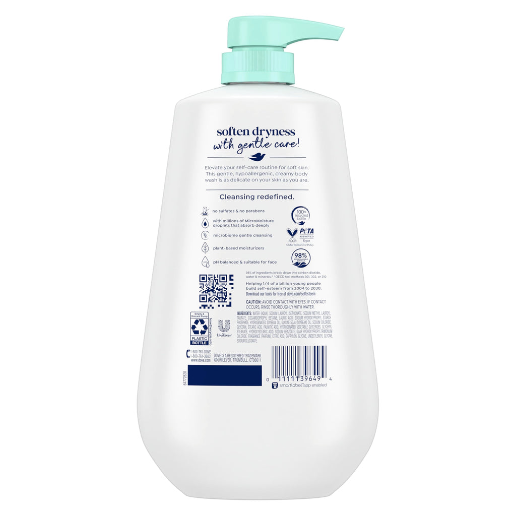 Dove Sensitive Skin Body Wash, 24hr Lotion-Soft Skin, 30.6 oz | Dove Sensitive Skin Body Wash soothes dry, sensitive skin with 24-hour hydration and a hypoallergenic formula.