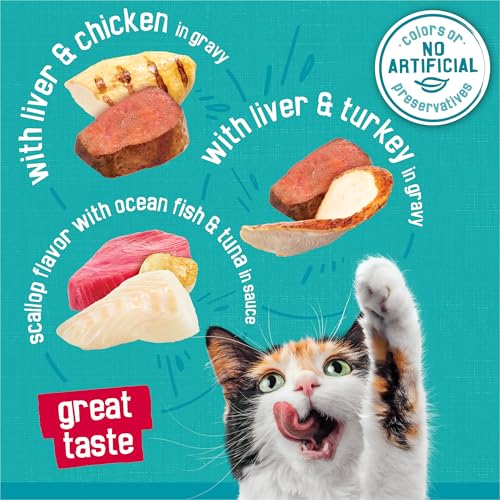 Friskies Purina Tasty Treasures Cat Food, Prime Filets Variety, (12) 5.5 oz | Chicken and tuna, chicken, ocean fish and turkey wet cat food in gravy or sauce, 100% complete & balanced for adult cats