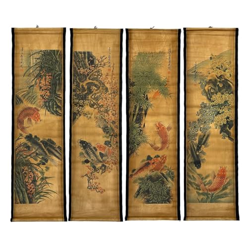 CIFIBIFUN Wall Scroll Hanging Painting Decor Japanese Art Koi Fish Fengshui | 4Panels,Ancient Japan Paintings Replica ,Asia Traditional Art, Attract Wealth, Four Season Flower