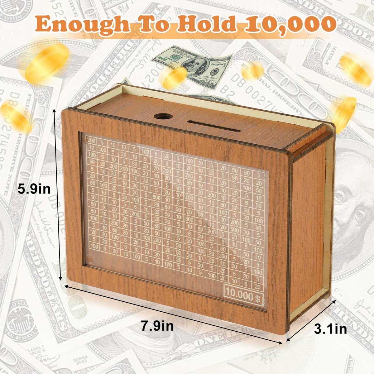 10000 Savings Challenge Box, Money Saver Box 10k Smash, Wooden Digital Save Piggy Bank for Adults Kids, Cash Vault Wooden Savings 10,000 Dollar, Caja De Ahorros, Cashbox Kakeibo