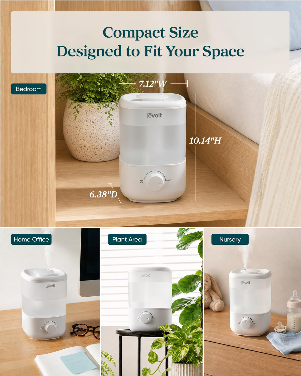 Levoit Top Fill Humidifiers for Bedroom, 2.5L Tank for Large Room, 25dB | Easy to Fill & Clean, Quiet Cool Mist Air Humidifier for Home Baby Nursery & Plants, Auto Shut-off for Safety, 25H Lasting