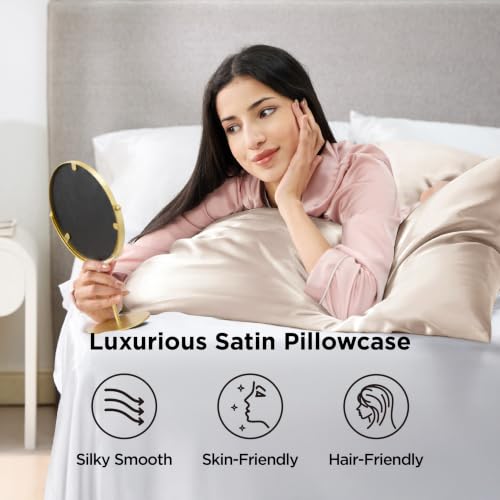 Bedsure Satin Pillowcases Queen Set of 2, Similar to Silk Pillow Case, 100% Polyester, Reduces Hair Frizz & Skin Friction, Decorative Covers, Gifts for Women, Envelope Closure, 20" x 30", Beige
