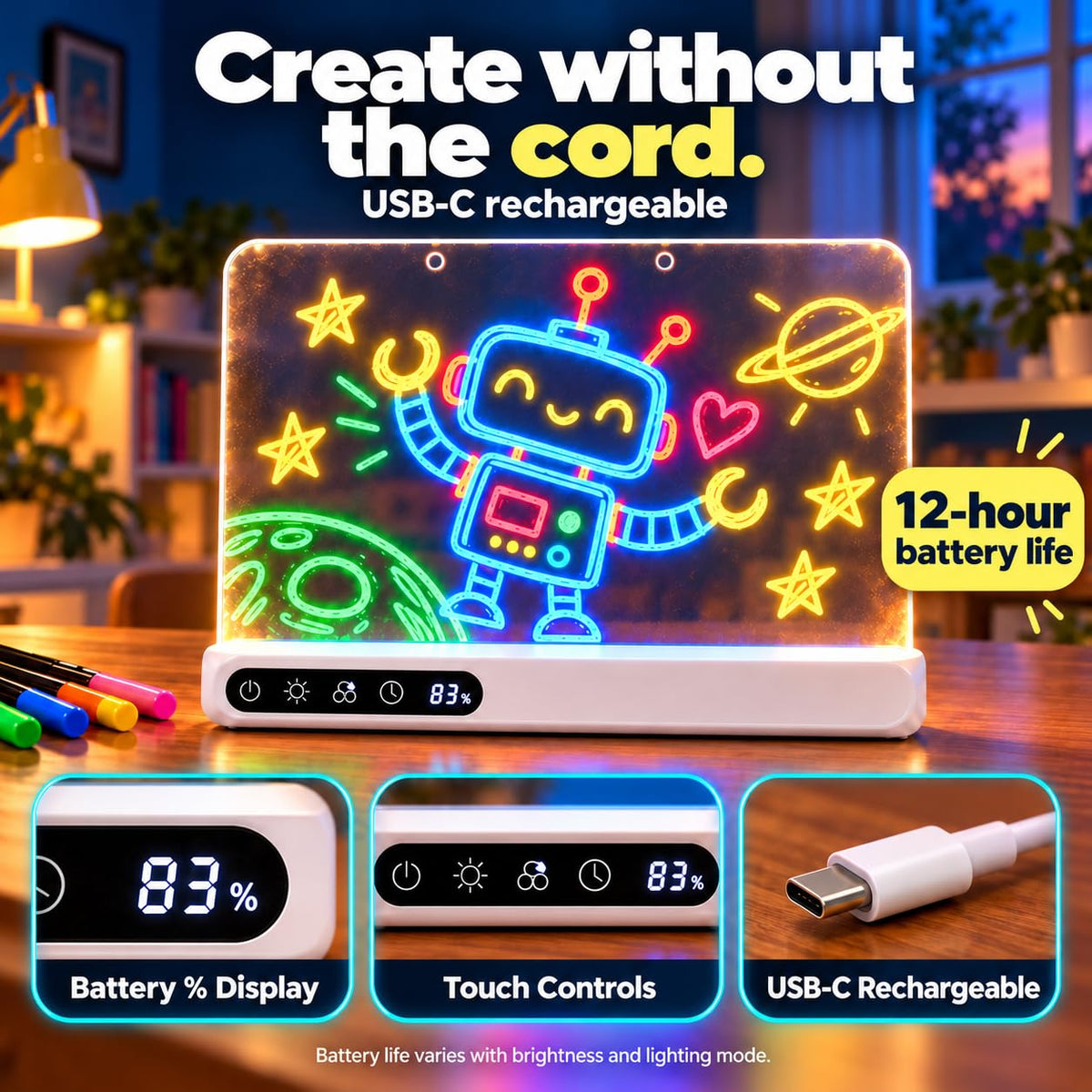 Cordless 16" LED Drawing Board for Kids | Wall Mountable Tabletop, Rechargeable Glow Doodle Note Board, 14 Light Effects, 7 Markers