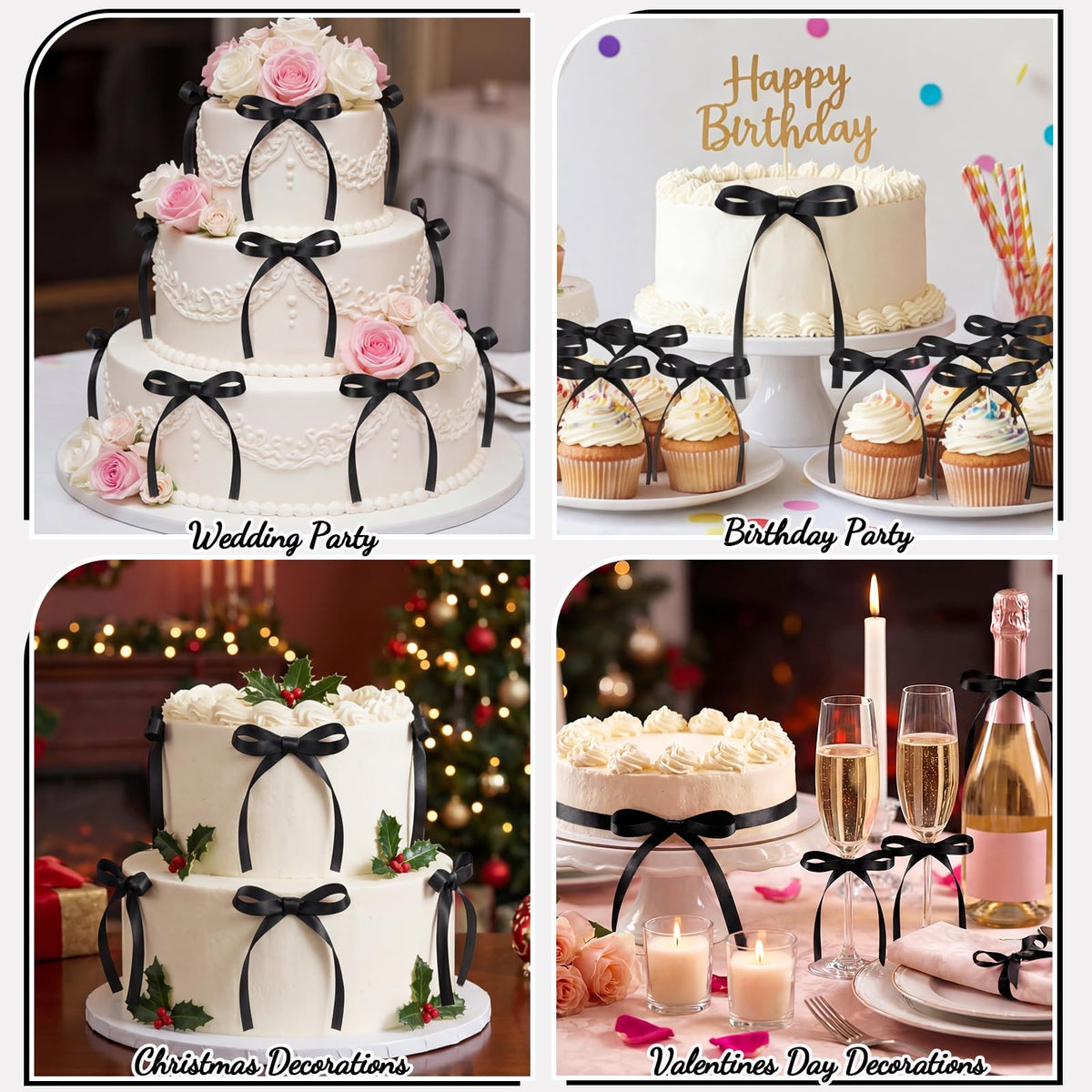 30 Pack Bow Cake Toppers Black Ribbon Bows for Cake Halloween Party Decor | Black Ribbon Bow Halloween Party Decorations Birthday Decorations for Baby Shower, Wedding, Engagement, Bachelorette Party