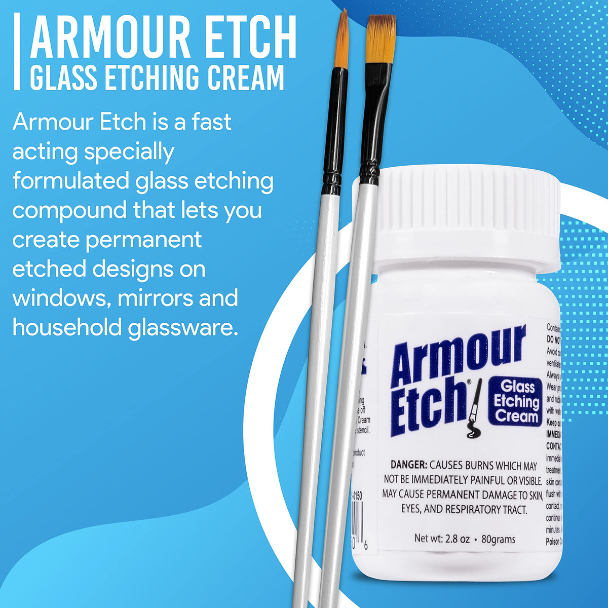 Armour Etch Glass Etching Cream 2.8oz Net Wt. Bundle with Moshify Brushes | Works with stencils to etch detailed designs on windows, mirrors and glassware for custom gifts and home décor projects