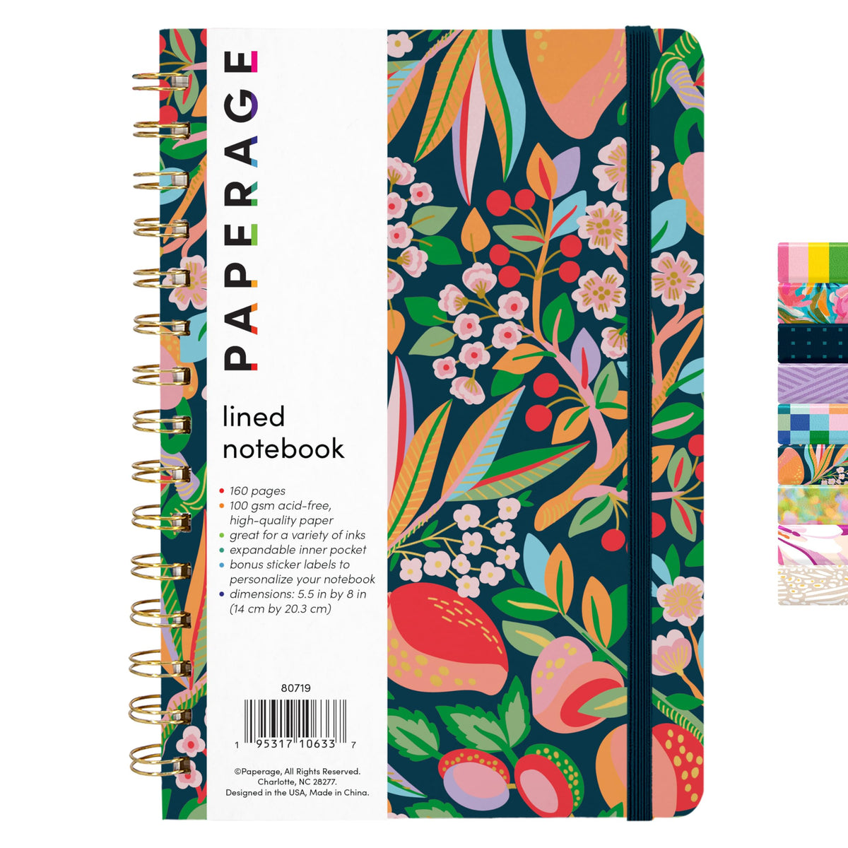 PAPERAGE Lined Spiral Journal Notebook, (Cherry Blossom/Fruit), 160 Pages, Hardcover Journal for Women & Men, Medium 5.5 in x 8 in - 100 GSM, Thick Paper, Spiral Notebook for Work, School & Journaling