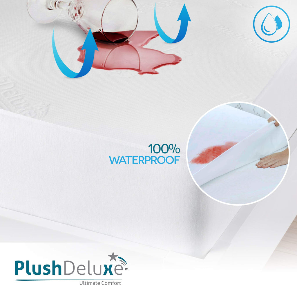 PlushDeluxe Bamboo Waterproof Mattress Protector, King Size, Ultra Soft | Breathable, Noiseless, Hypoallergenic, Washable, 76x80" Up to 18" Deep, Viscose Derived from Bamboo Mattress Cover, White