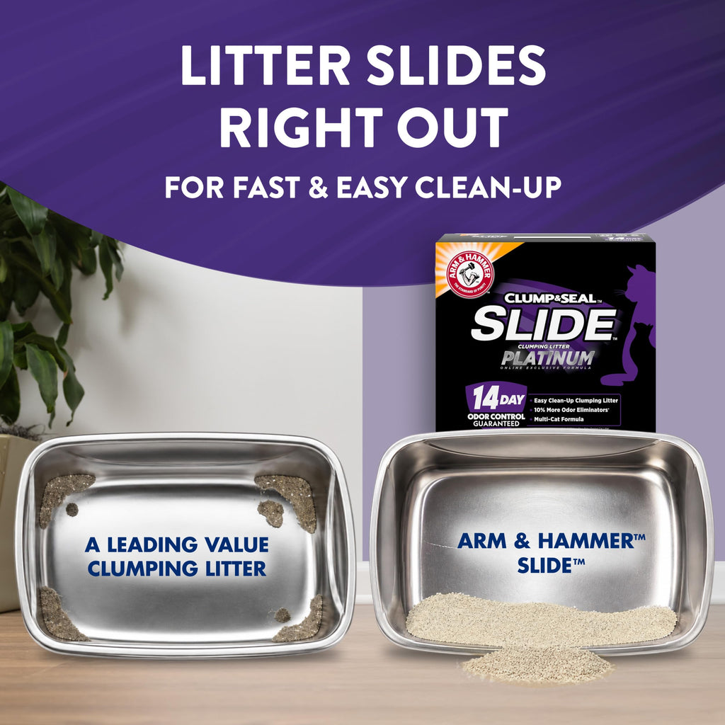 ARM & HAMMER Slide Platinum Easy Clean-Up Clumping Cat Litter, 34 lbs | 24/7 Odor Control, Triple-Action Freshness, Non-Stick, Low Tracking, Multi-Cat Formula, Scented, Online Only