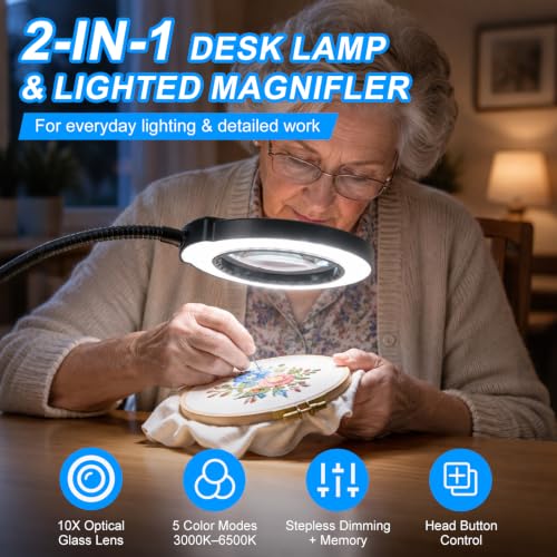 LED Desk Magnifying Lamp with Clamp,10X Magnifying Glass with Light | 5 Color Modes Stepless Dimmable Magnifier Light 3000K-6500K, 5V/2A USB Powered Hands Free Flexible Goose-Neck