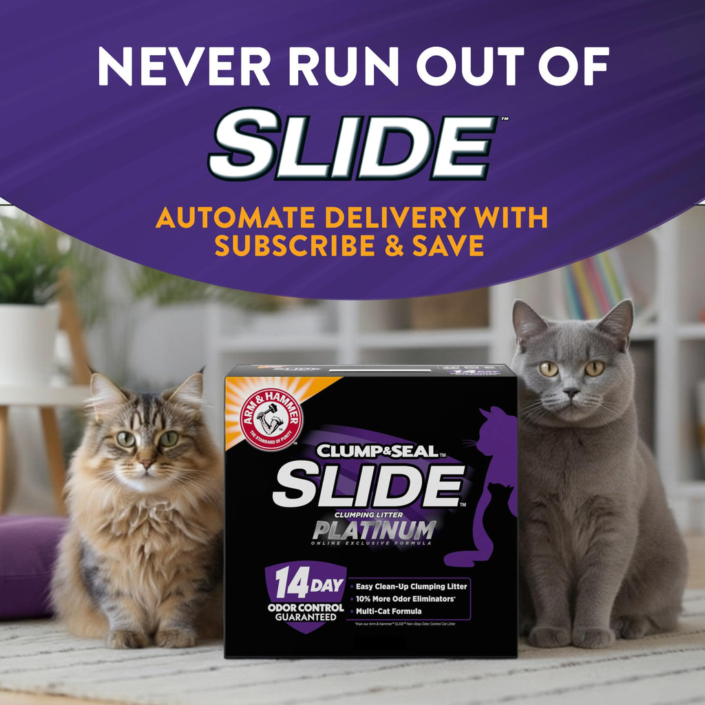 ARM & HAMMER Slide Platinum Easy Clean-Up Clumping Cat Litter, 18 lbs | 24/7 Odor Control, Triple-Action Freshness, Non-Stick, Low Tracking, 99.9% Dust Free, Multi-Cat Formula, Scented