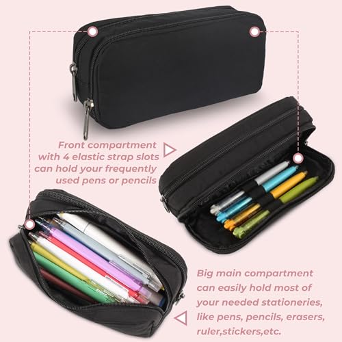 Della Gao Large Pencil Case, Big Capacity Pencil Pouch with 2 Compartments | Office Pencil Bag with Zipper, Big Pen Case for Adults (01-Black)