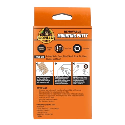 Gorilla Removable Mounting Putty, Reusable Tack, 168 Pre Cut Squares | Repositionable adhesive putty holds up to 2 lbs. No-mess mounting for posters, signs & décor, indoors or out