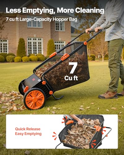 VEVOR Push Lawn Sweeper 26 in Leaf & Grass Collector 7 cu. ft. Hopper Bag | Heavy Duty Yard Sweeper with Adjustable Brush Height, Spinning Brushes, Rubber Wheels for Leaves Grass Cleanup, Black/Orange