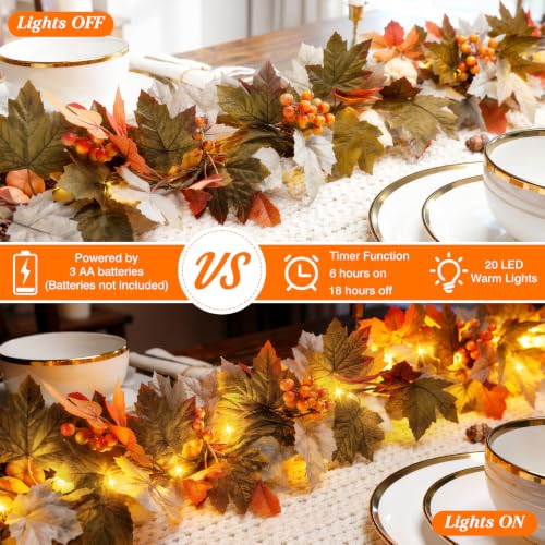 Luxspire 6 FT Fall Garland with Lights and Timer for Fall Decor | Fall Leaves Garland with Lights, Berries Maple Leaves Pinecones, Fall Decorations for Home Mantle Porch Window Stair Railing