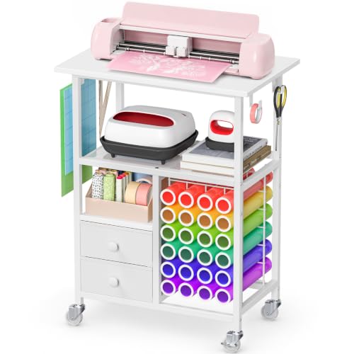 Snughome Rolling Craft Cart for Cricut Machine, Organizer and Storage Stand | 23.6" x 15" Worktop, Large Craft Organizer Cart with 24 Vinyl Roll Holders, 2 Fabric Drawers, 4 Hooks and 4 Silent Casters