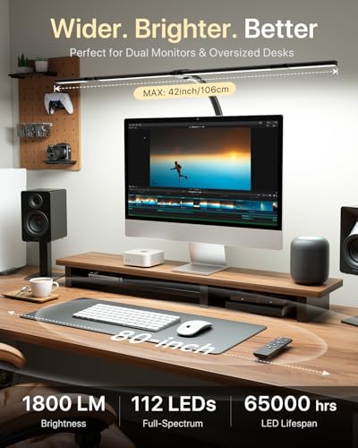 ONEMIX 42" Desk Lamp for Home Office with Clamp, 1800LM 4-Panel LED Light | 5 Colors & 5 Brightness Levels, Flexible Gooseneck, Focused/Wide Lighting, Flicker-Free for Dual Monitors, Study & Workbench