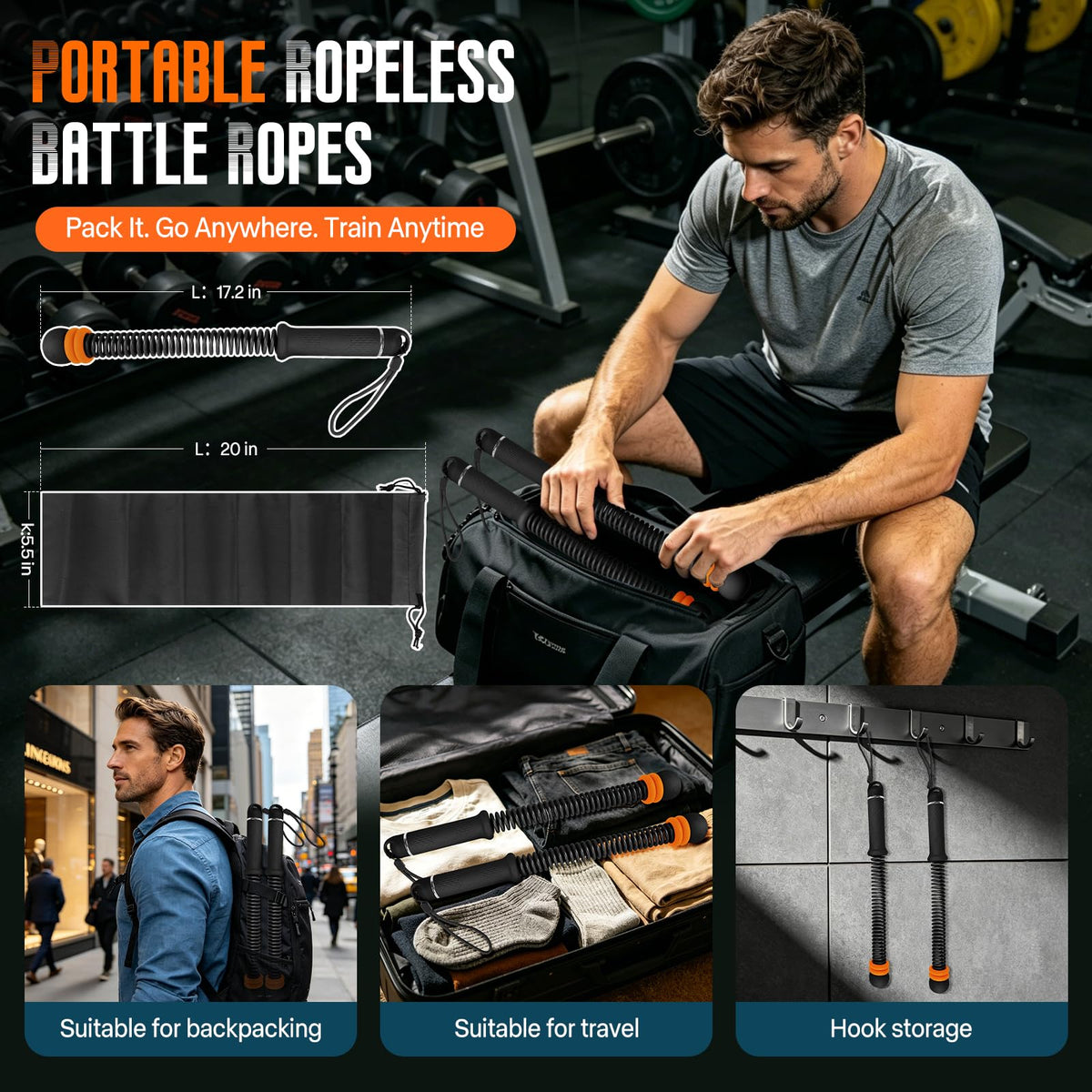 Weighted Cordless Battle Ropes – Adjustable Resistance Ropeless Battle Ropes for Home Gym with Non-Slip Handle, Portable Low-Noise Fitness Equipment for HIIT & Low-Impact Cardio Workouts – Black