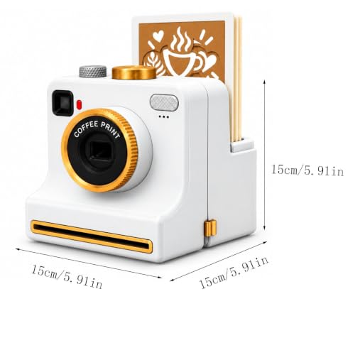Manual Coffee Art Printer, Retro Camera-Style Latte Stencil Maker with 4/34 Random Pattern Cards, One-Press Powder Reusable Coffee Art Tool for Cappuccino, Foam Drinks，White：34 Random Stencils