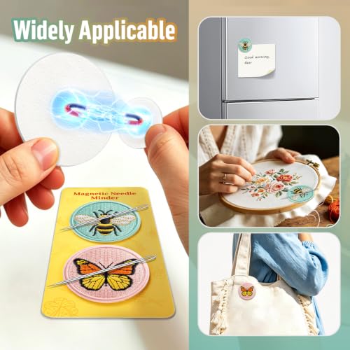 DELLAN 2-Pack Magnetic Needle Minder for Cross Stitch & Embroidery | Magnet keeper for cross stitch, embroidery, quilting & needlepoint Cute bee & butterfly sewing craft gifts