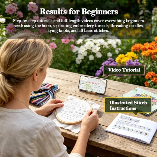 Embroidery Stitch Book with Video-Guided Tutorials on Every Page, 27 Essential Stitches, Beginner Embroidery Kit with Floral & Holiday Motifs. Portable Hand Embroidery Kit, Gift for Craft Lovers.