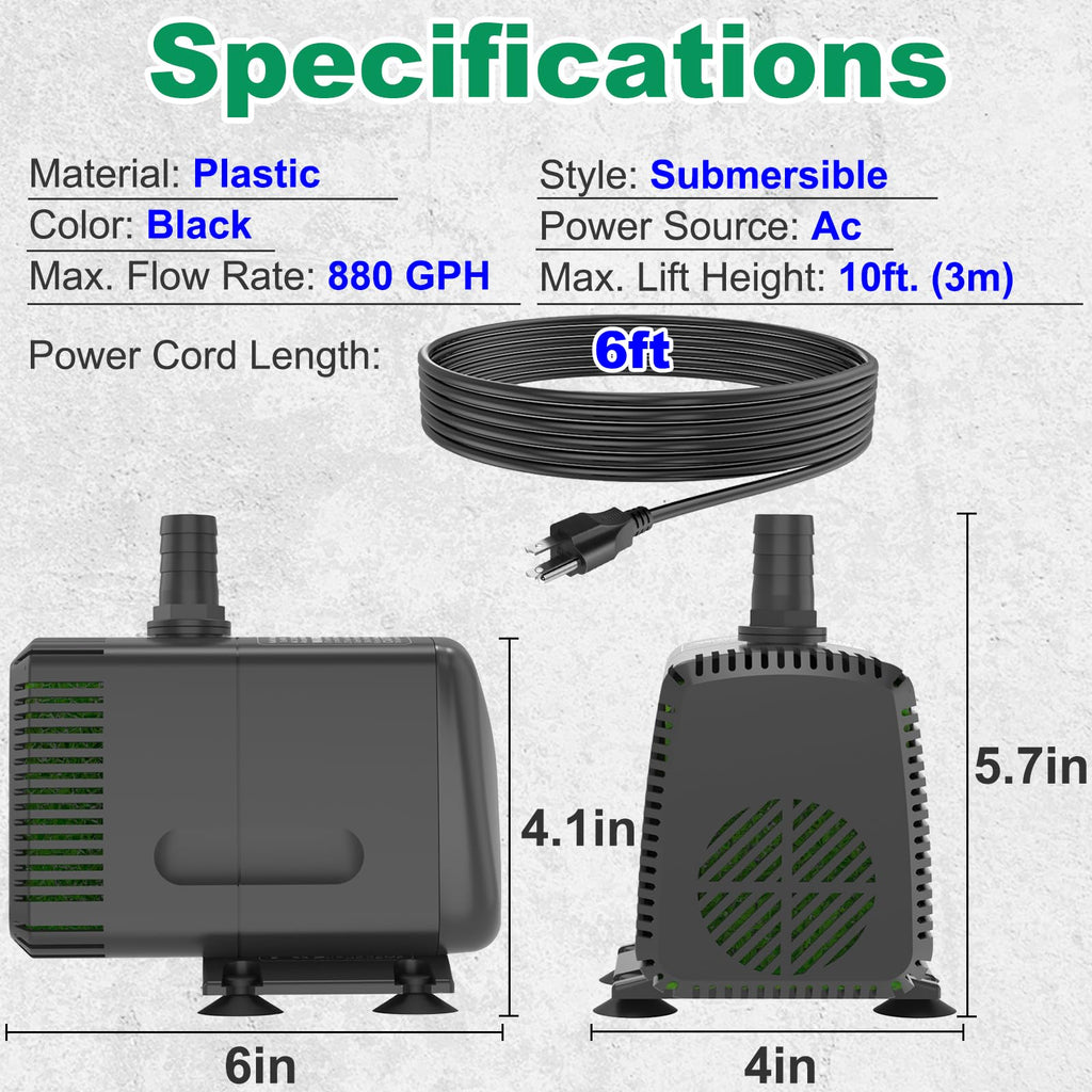 Knifel Submersible Water Pump 880GPH Pond Pump for Fountains | 10ft Lift, 9.8ft Power Cord, Ultra Quiet, Over Heating Protection for Pond, Fountain, Hydroponic, waterfall, Aquarium