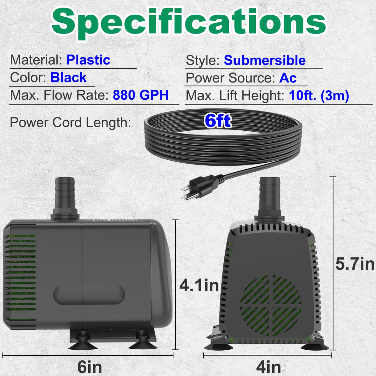 Knifel Submersible Water Pump 880GPH Pond Pump for Fountains | 10ft Lift, 9.8ft Power Cord, Ultra Quiet, Over Heating Protection for Pond, Fountain, Hydroponic, waterfall, Aquarium