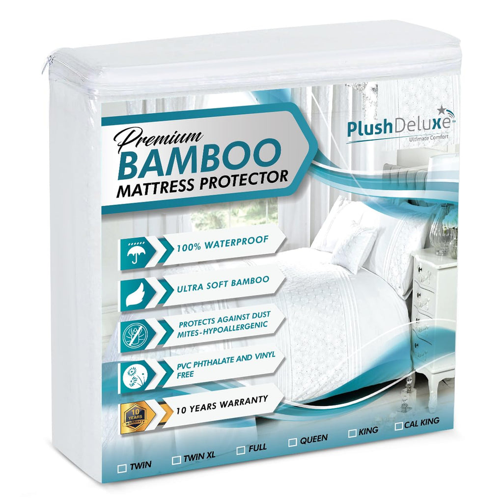 PlushDeluxe Bamboo Waterproof Mattress Protector, King Size, Ultra Soft | Breathable, Noiseless, Hypoallergenic, Washable, 76x80" Up to 18" Deep, Viscose Derived from Bamboo Mattress Cover, White