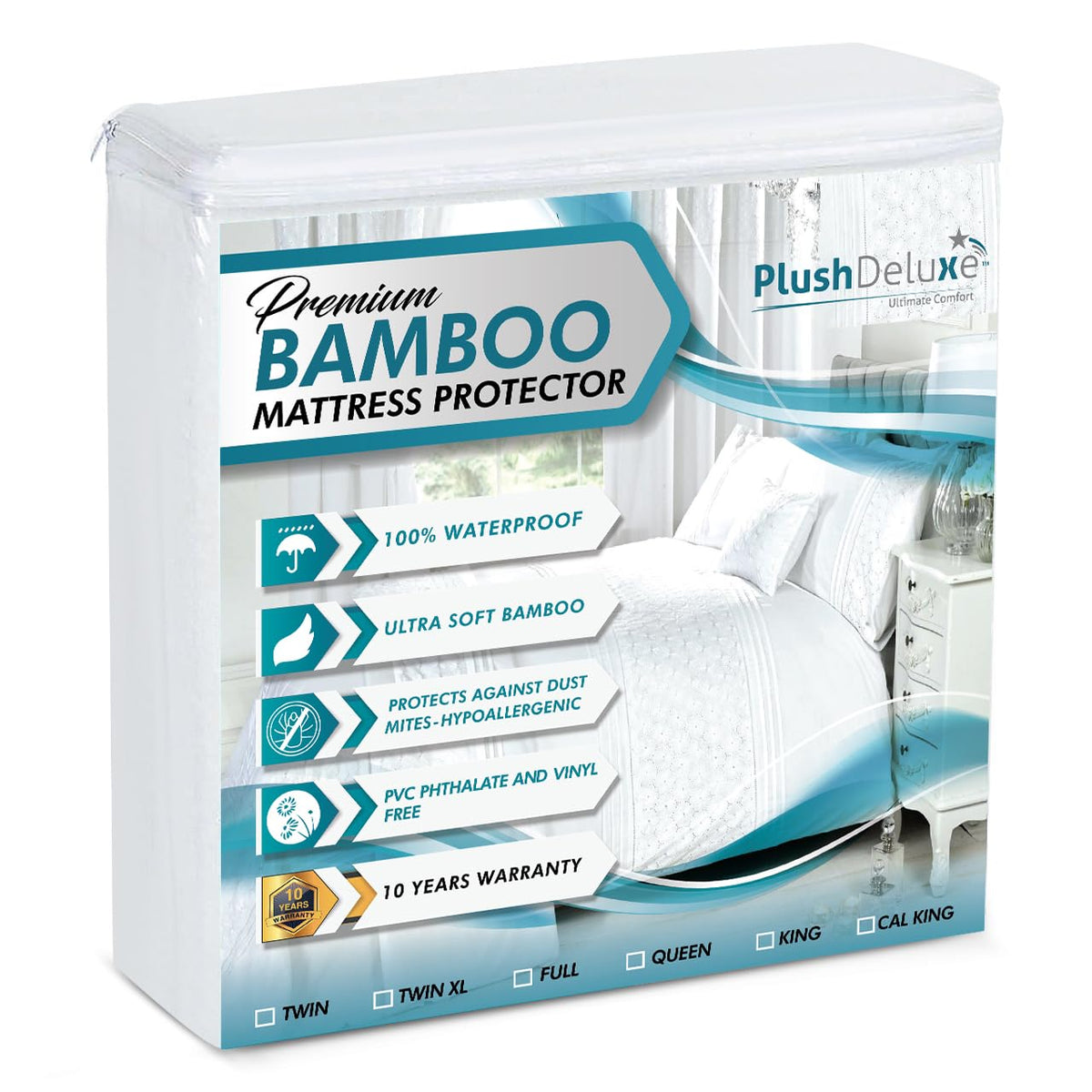 PlushDeluxe Bamboo Waterproof Mattress Protector, King Size, Ultra Soft | Breathable, Noiseless, Hypoallergenic, Washable, 76x80" Up to 18" Deep, Viscose Derived from Bamboo Mattress Cover, White