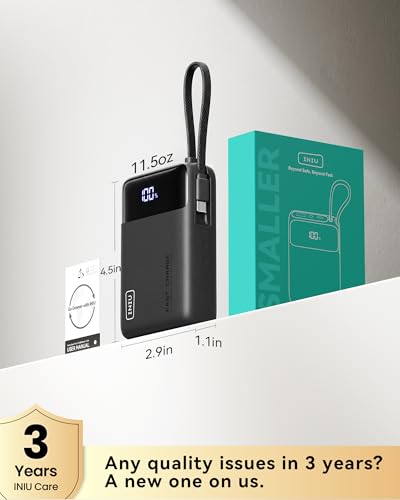 INIU 20000mAh Portable Charger, Smaller 45W Fast Charging Travel Power Bank | Flight-Safe, Built in USB-C Cable, Travel Essential, Battery Phone Pack for iPhone 18 17 16 Pro, Samsung S26, iPad etc, Black