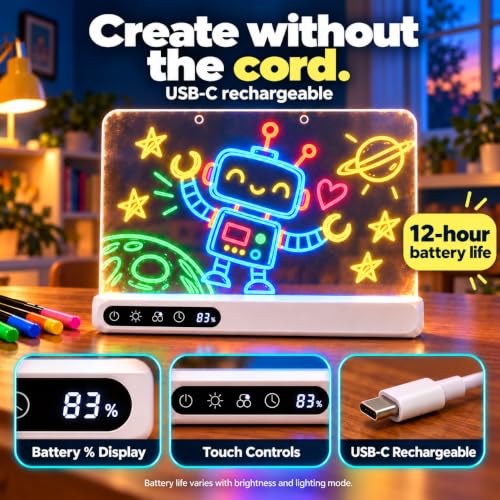 Cordless 16" LED Drawing Board for Kids | Wall Mountable Tabletop, Rechargeable Glow Doodle Note Board, 14 Light Effects, 7 Markers