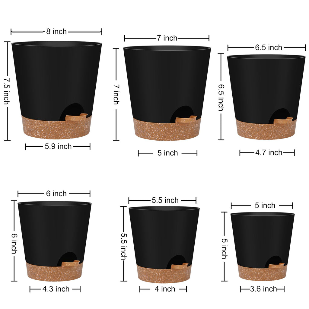 YNNICO 8,7, 6.5, 6, 5.5, 5 Inches Self Watering Planters for Indoor Plants | Black,Drainage Holes and Saucers,Modern Lightweight Plastic Plant Pots for Indoor/Outdoor.