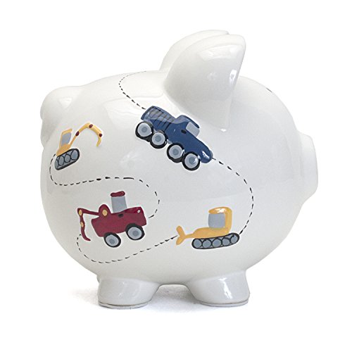 Child to Cherish Ceramic Piggy Bank for Boys, Construction Trucks, White