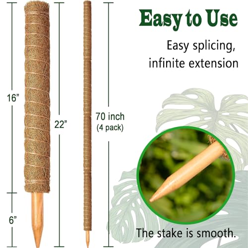 4 Pack 22 Inch Moss Poles, Stackable Moss Pole for Plants Monstera, 70 Inch Tall Moss Poles for Climbing Plants Indoor, Coir Totem Plant Support Stakes Stand for Potted Plants, Pothos