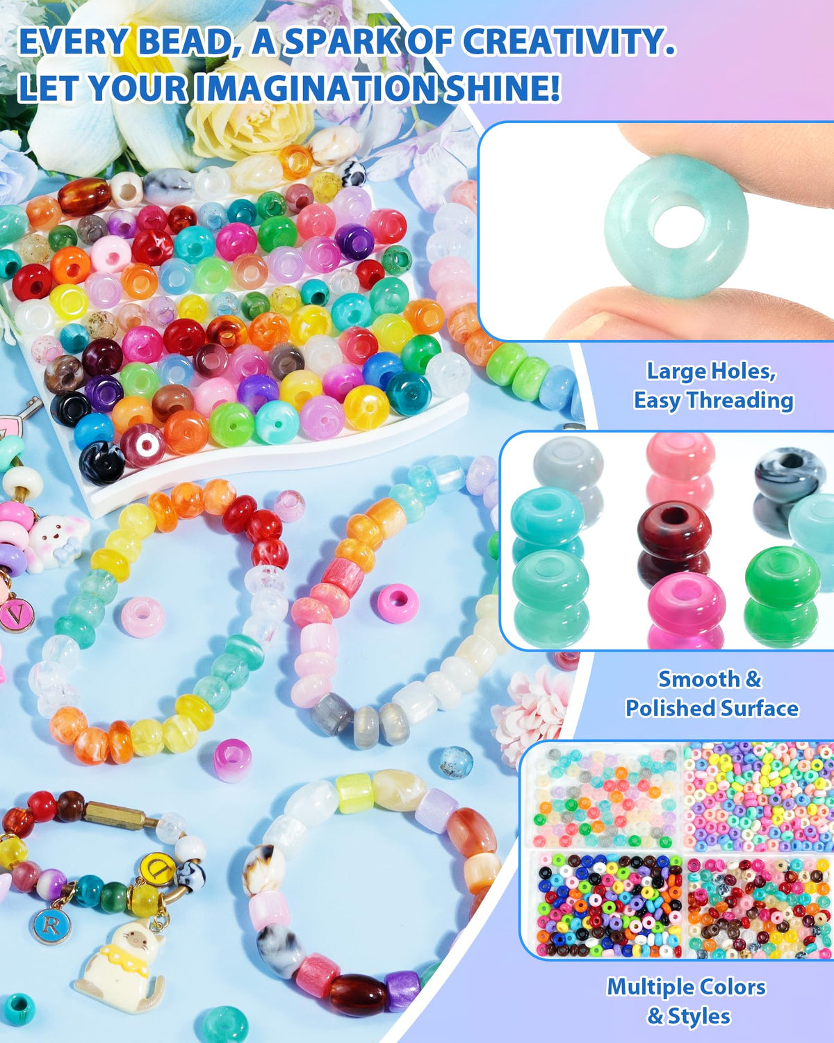 FIVEIZERO 150Pcs Acrylic Large Hole Beads for Carabiner Bag Charms，14mm | 15 Colors; Marbled Chunky Beads with 5mm Holes for Keychains Paracord DIY Beaded Bag Charm Beads Jewelry Making