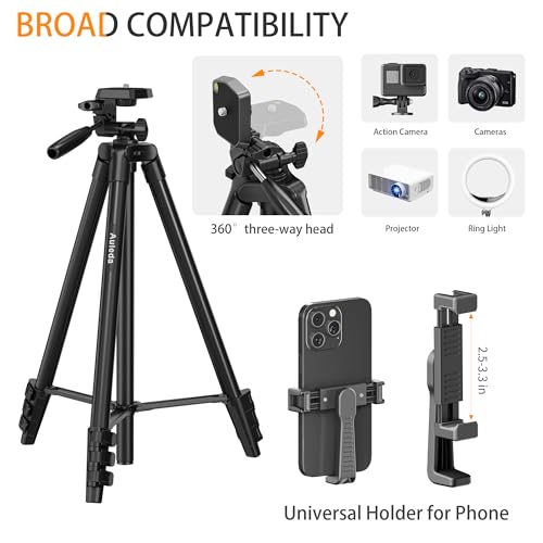 Auleda 60″ Camera Tripod Lightweight Travel Stand for Canon Nikon Phone | with Wireless Remote Phone Holder and Bag Max Load 6.6 LB Black