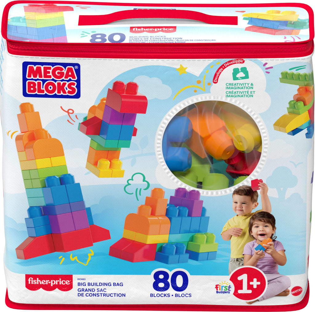 MEGA BLOKS First Builders Big Building Bag Toddler Blocks Toy Blue | 80 Colorful Pieces, Creative Open-Ended Play, Storage, Blue, Preschool Kids Ages 1+ Years, Easy to Build