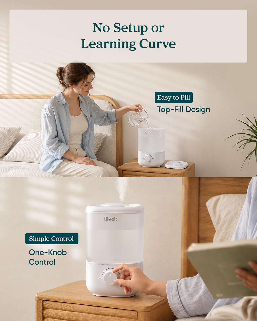 Levoit Top Fill Humidifiers for Bedroom, 2.5L Tank for Large Room, 25dB | Easy to Fill & Clean, Quiet Cool Mist Air Humidifier for Home Baby Nursery & Plants, Auto Shut-off for Safety, 25H Lasting
