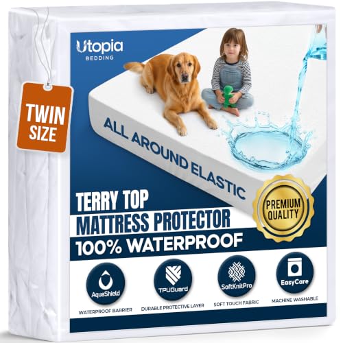 100% Waterproof Twin Size Mattress Protector, Noiseless Mattress Cover | Deep Pockets Fits 15" Mattresses, Soft & Breathable Mattress Pad, Machine Washable For Home & Hotel by Utopia Bedding