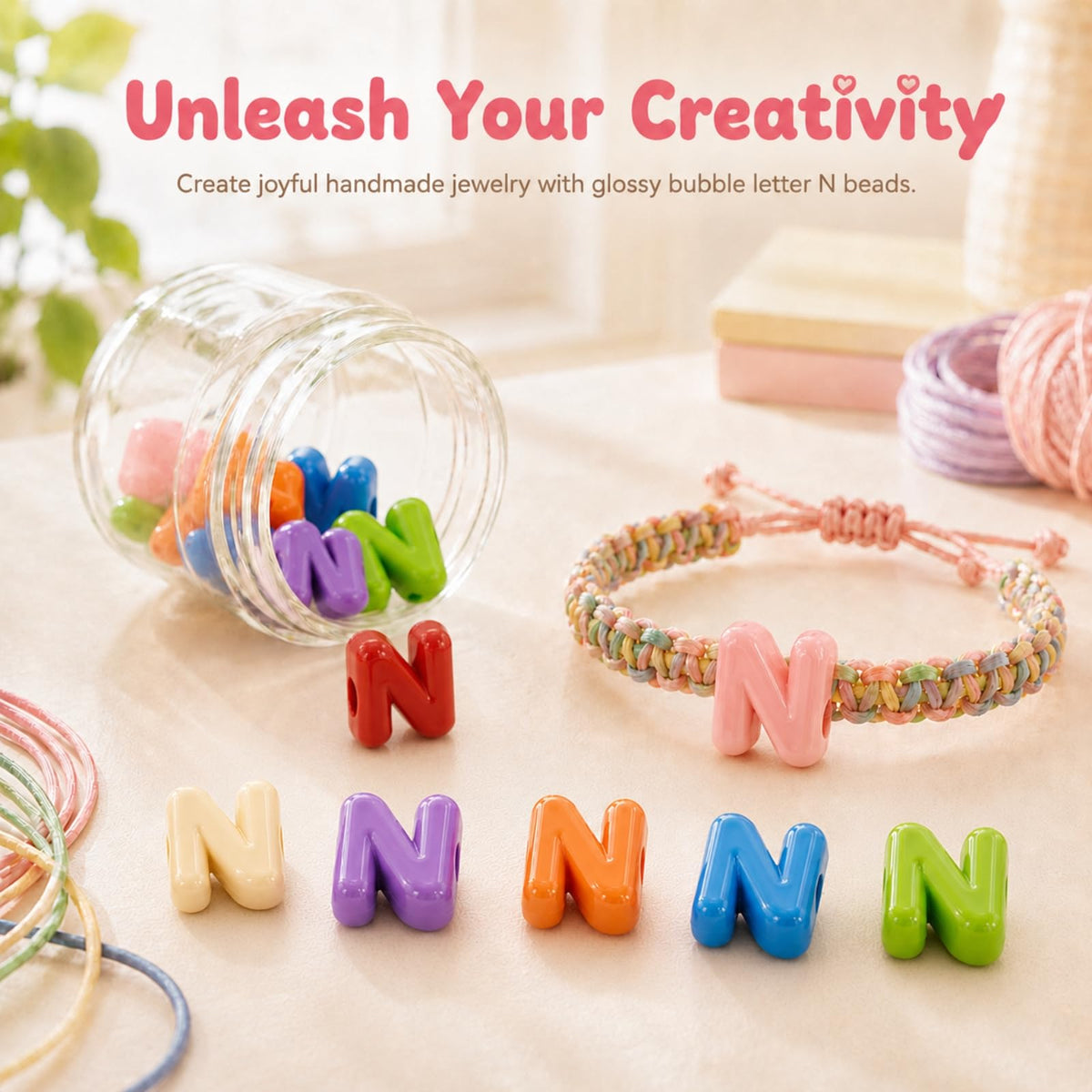 OVRUNS 26Pcs N Large Letter Beads with Horizontal Hole Bubble Alphabet Bead | Candy Colors, Acrylic Chunky Alphabet Beads, 6mm Large Holes, Ideal for Bracelets, Jewelry, Keychains, Bag Charms