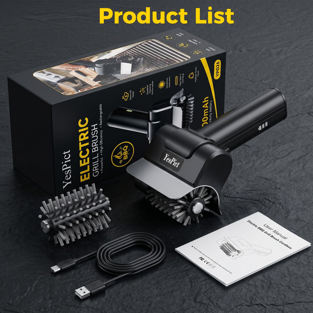 Electric Grill Brush, Cordless Rechargeable Grill Cleaner, BBQ Grill Brush | 1100RPM Cleaning Power, Max 180-Min Runtime, Replaceable Stainless Steel Head, Backyard BBQs, Park Picnics, Tailgates