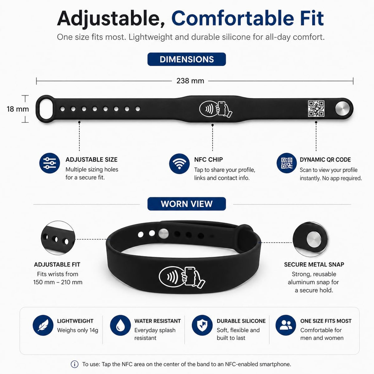 NFC Smart Business Card Wristband, Adjustable (Black) | QR Code, Waterproof Silicone, Tap to Share Contact Info, Works with iPhone and Android