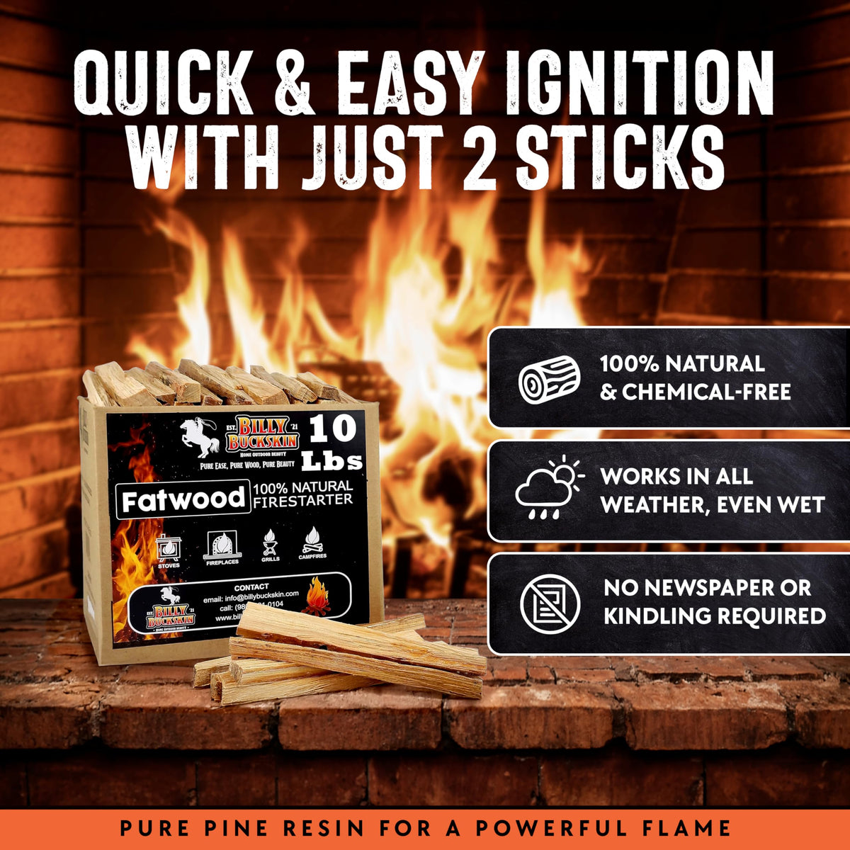 Billy Buckskin 10lb Fatwood Fire Starter Sticks, 100% Natural Firestarter | Lights when wet, For Campfires, Firepit, Fireplaces, BBQ & Wood Stoves, Easy Ignition with Just 2 Sticks, Camping Essentials