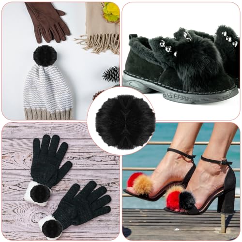 Mozeat Lens 6 Pcs Black Pom Poms Faux Fur Pom Pom Fluffy Pom Pom Balls, Round Fluffy Pompoms for Crafts with Tiny Cord for Hat Shoes Garment Hair Pins Earrings Necklace Charm Wedding Accessories