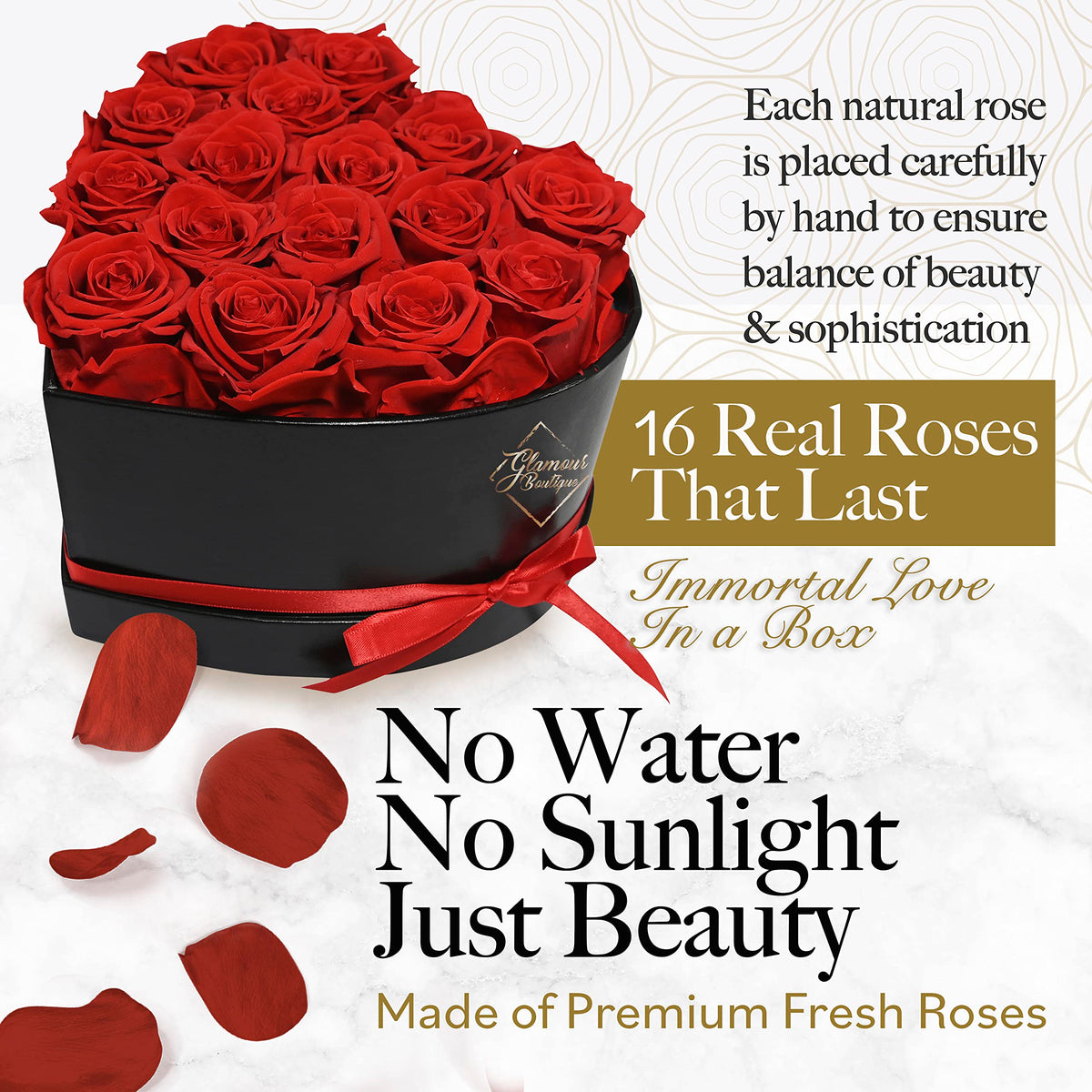 GLAMOUR BOUTIQUE Preserved Flowers, 16 Forever Red Roses in Heart Gift Box | Unique floral present for women, anniversary gifts for her, mom or wife, cute birthday idea, will you be my girlfriend box