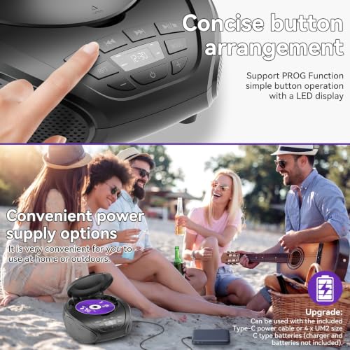 Gueray CD Player Portable Boombox Radio CD Players with Dual Speakers | Bulit-in FM Radio AUX Input Support Headphones Playlist Mode PROG Playback for Outdoor Indoor Audiobooks