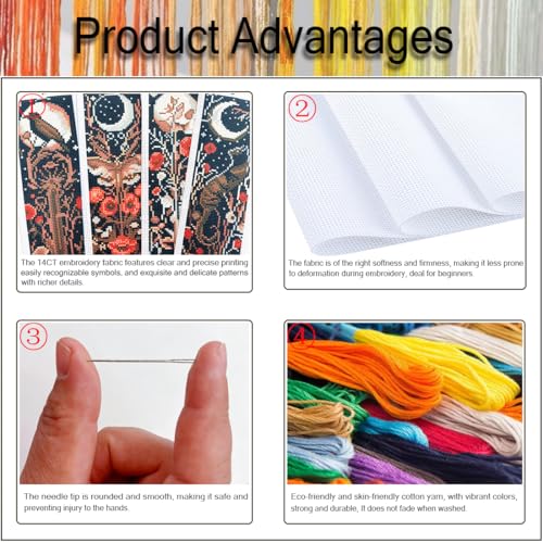 NEGEKFKX 4 Pcs Flower Cross Stitch Bookmark Kit for Adult Beginners | Bohemia Moth Cross Stitch Kits 14 CT DIY Cross stitch Kits Adult Stamped Bookmark Embroidery Bookmarks Kit