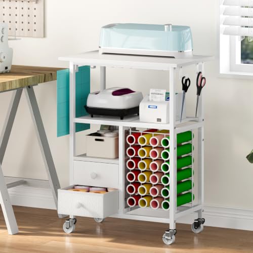 Snughome Rolling Craft Cart for Cricut Machine, Organizer and Storage Stand | 23.6" x 15" Worktop, Large Craft Organizer Cart with 24 Vinyl Roll Holders, 2 Fabric Drawers, 4 Hooks and 4 Silent Casters