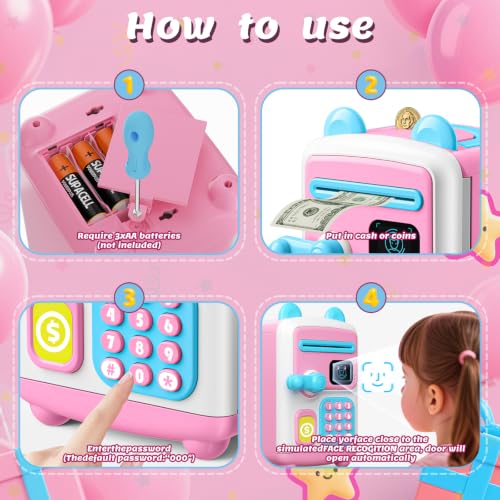 【Upgraded】 Piggy Bank, Face ID Password Unlocking Electronic Kids Bank ATM Security Unlocking Cash Coin Bank Toys Gifts for Kids, Coin Bank for 3 4 5 6 7 8 9 10 11 12 Year Old Girls Boys